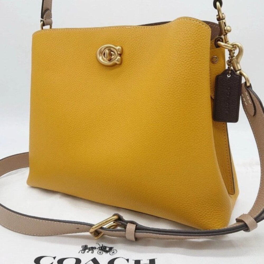 COACH NEW Willow Shoulder Bag Color block C2580 Mustard Yellow Beige Leather